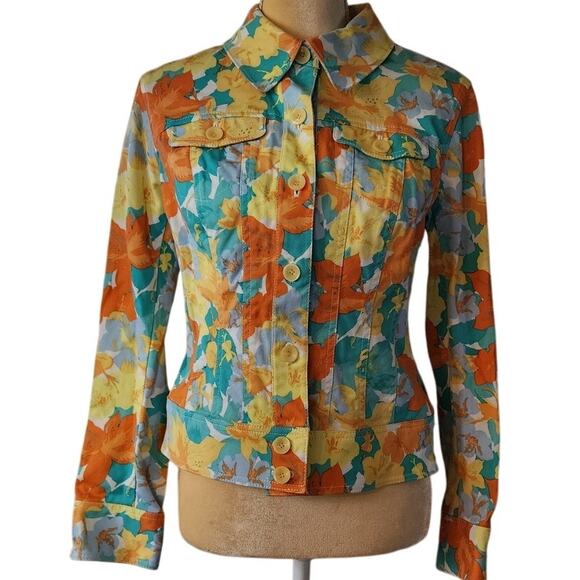 Nicole Miller Multicolor Floral Denim Jean Style Button Up Jacket - Picture 1 of 4